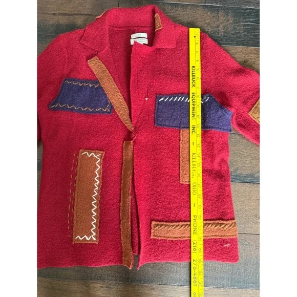 Christopher Banks Red Boiled Wool Patchwork Cardigan Jacket Blazer Womens Large - Picture 7 of 8